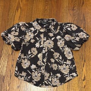 Brown Floral Puff Sleeve Blouse